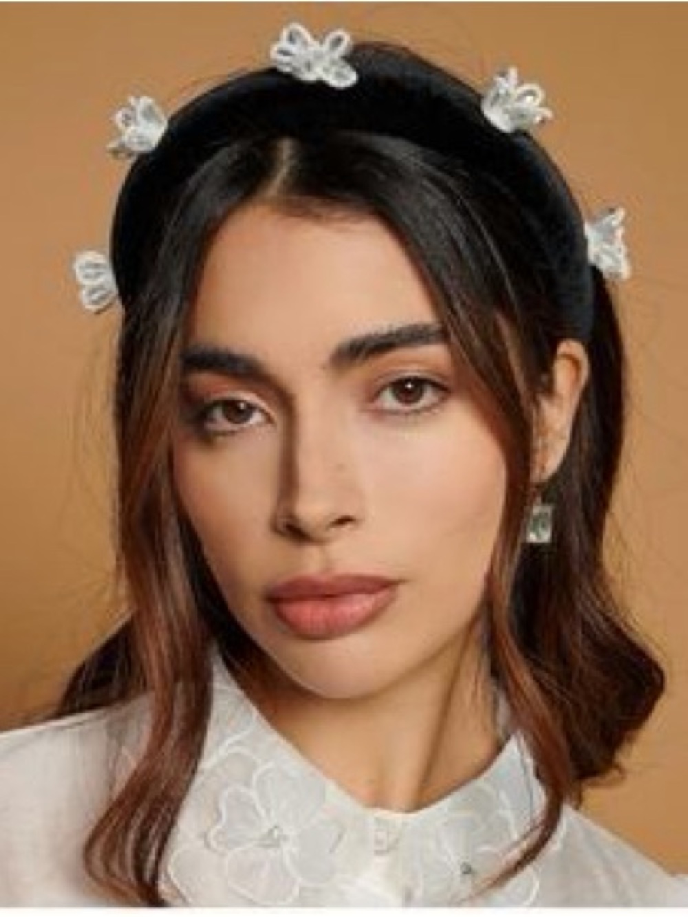 Sister Jane Black Velvet Headband with Beaded White Flowers